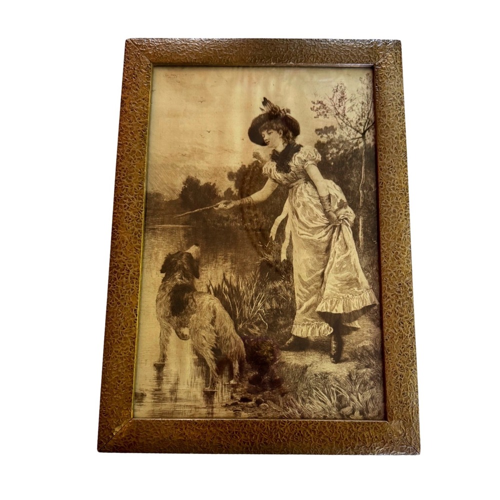 Antique Etching on Silk Woman and Dog Framed Art Print Victorian